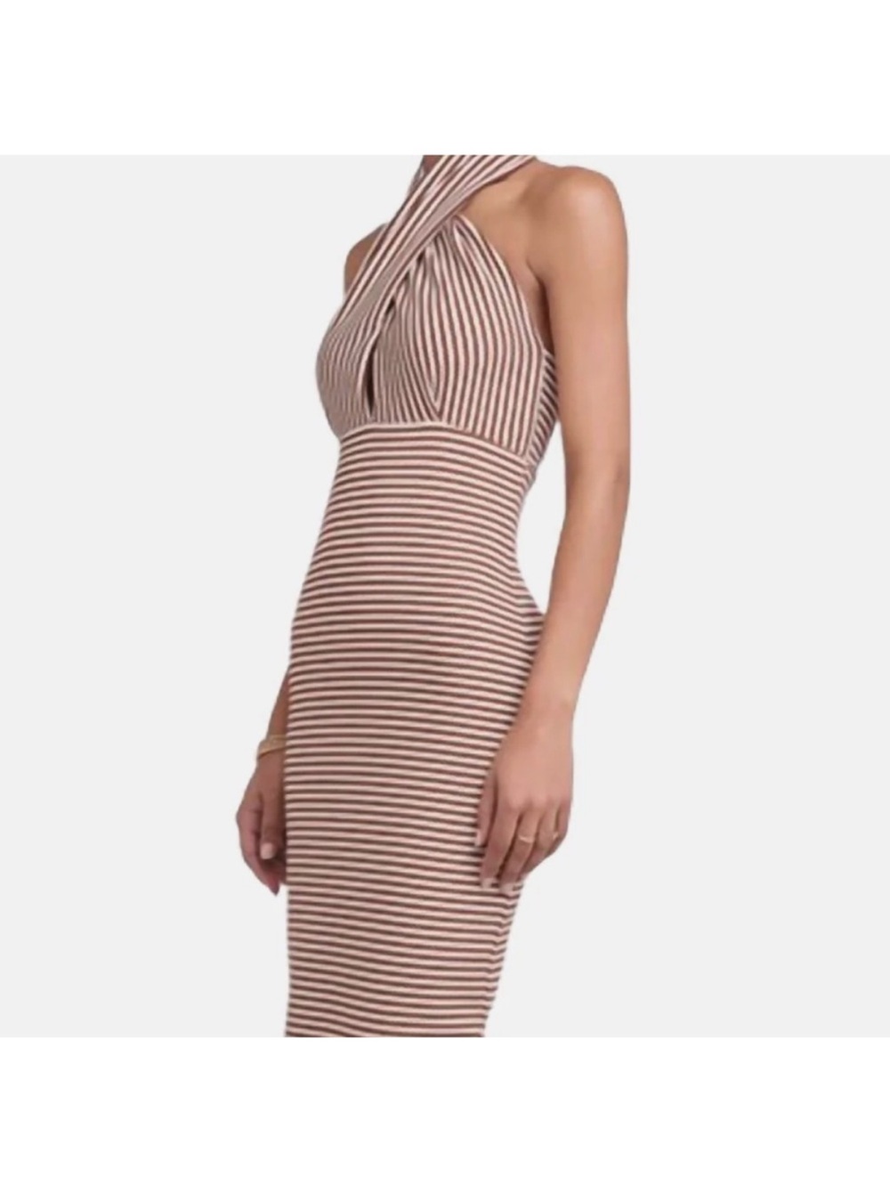 Amanda Uprichard Conchita Halter Body-con Dress in Brown and Cream - Picture 2 of 5